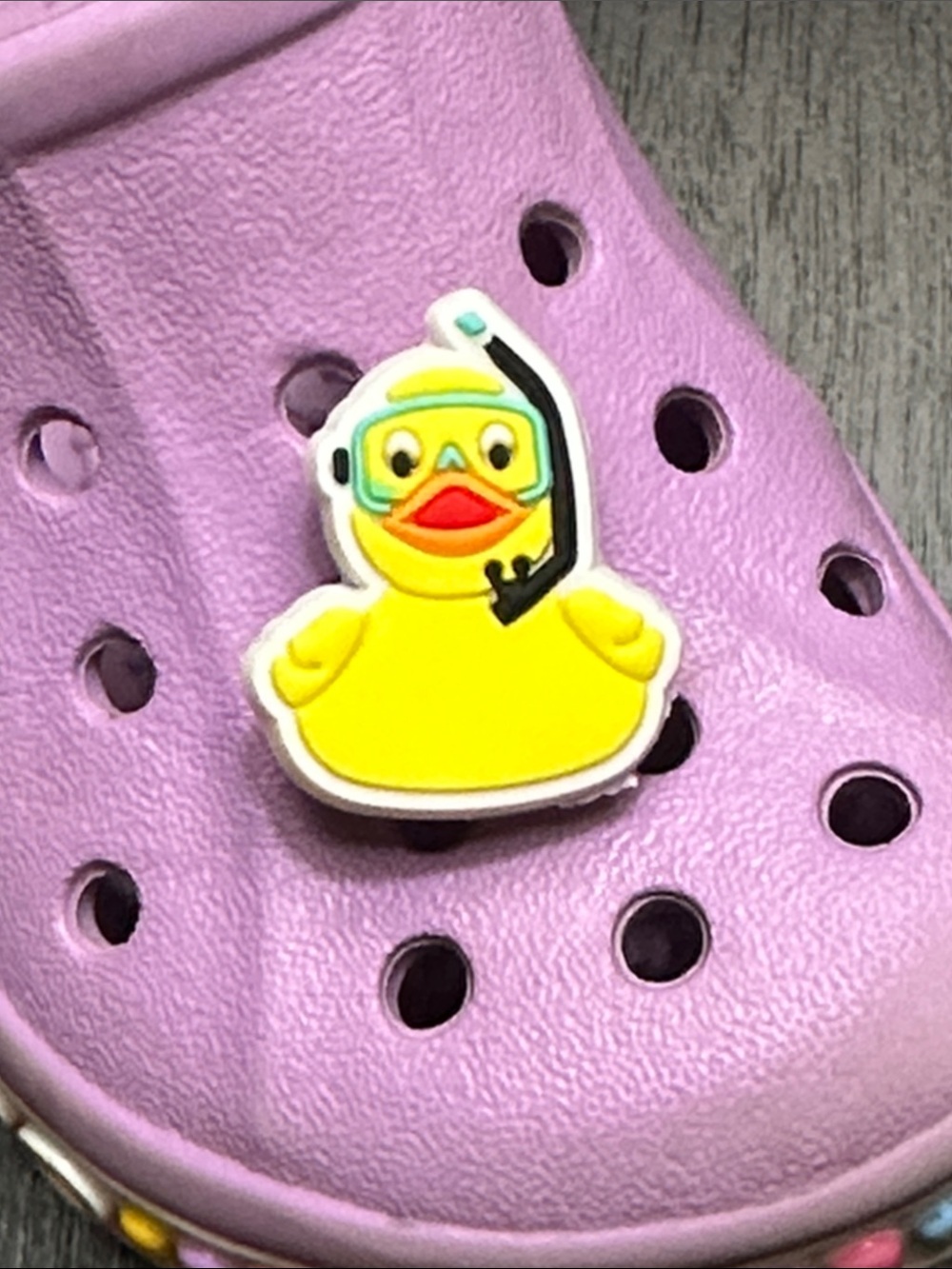 Jibbitz Yellow Duck Snorkel Charm on Purple Clog
